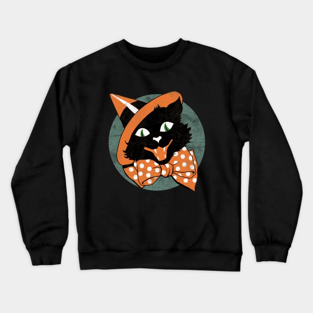 Vintage Halloween Cat -  Spooky Black Cat Crewneck Sweatshirt by valentinahramov